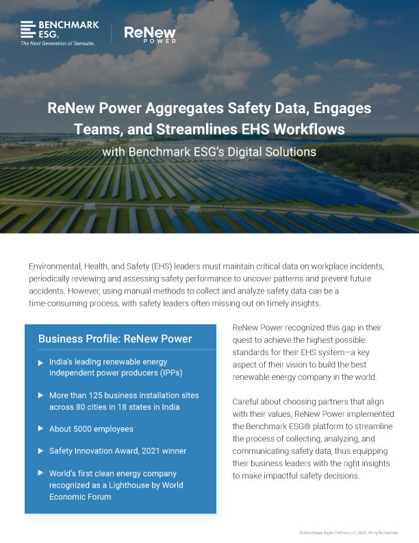 ReNew Power Aggregates Safety Data, Engages Teams, and Streamlines EHS Workflows with Benchmark ESG’s Digital Solutions